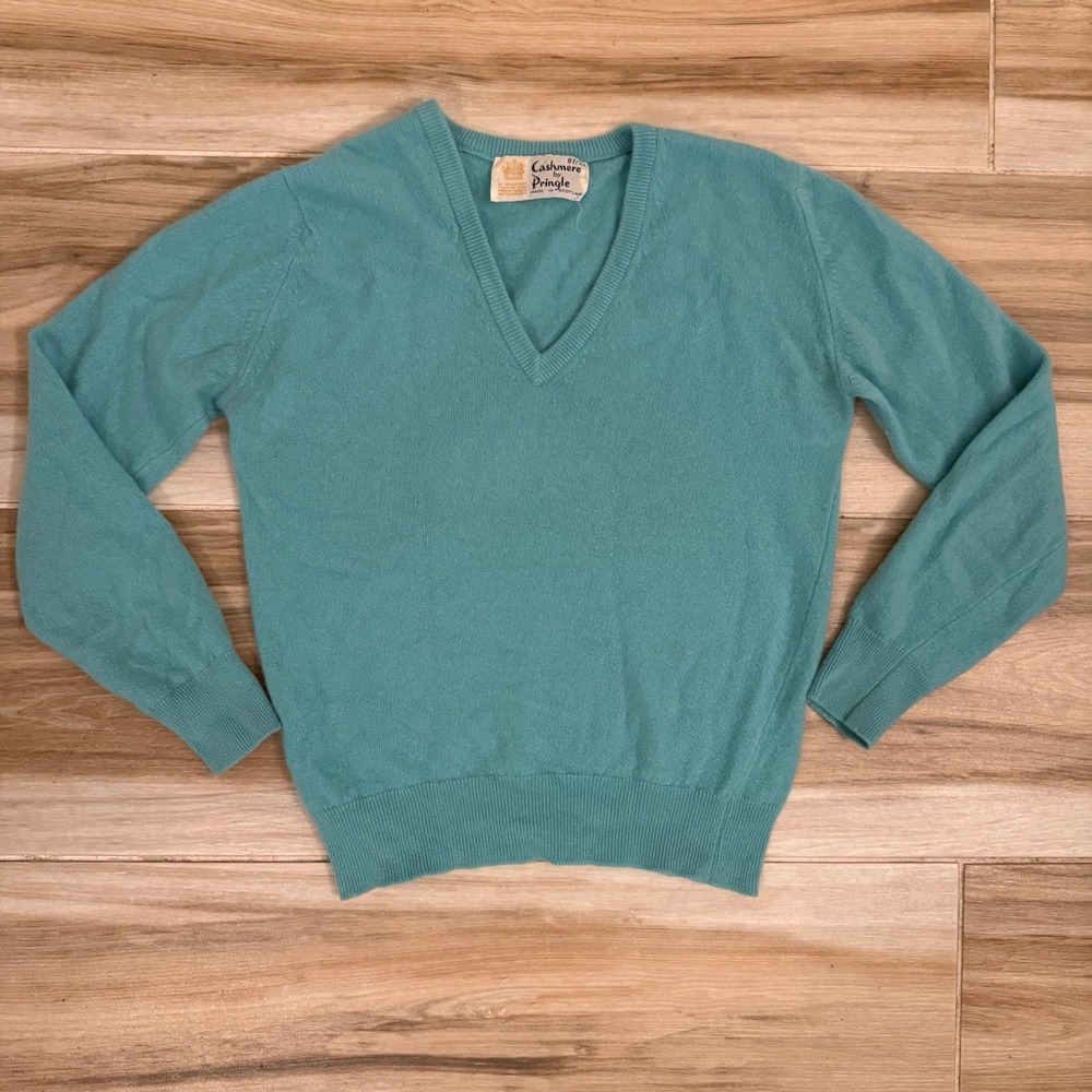 Vintage Pringle Scotland 100% Pure Cashmere V-Neck Sweater Turquoise Blue 87/34